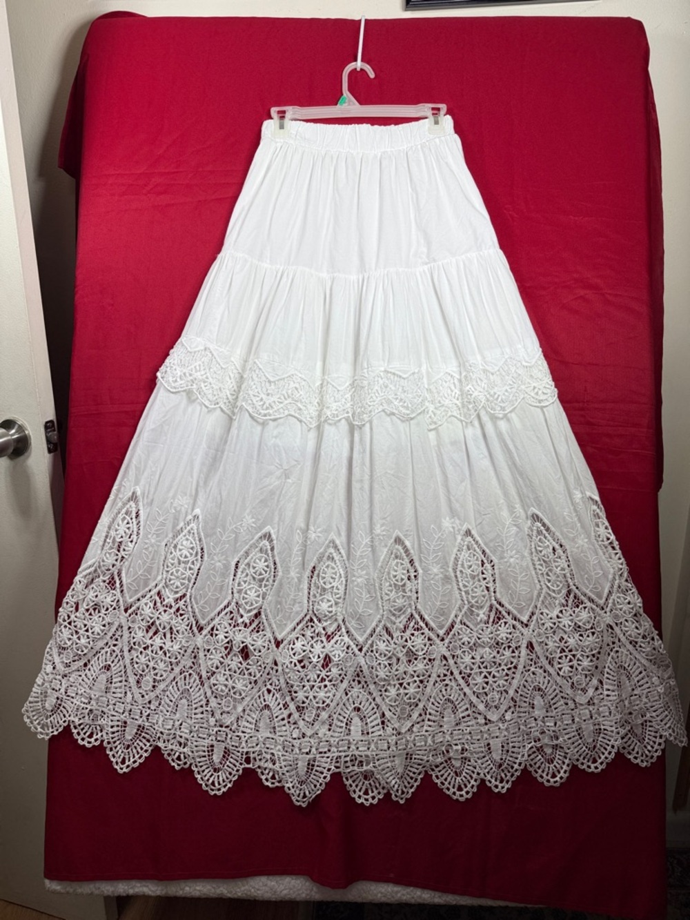 Women's White Maxi Skirt with Lace Trim - Picture 2 of 13